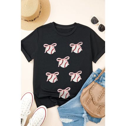 Black Shimmering Sequin Bow Ball Patterned Game Day Casual Tee