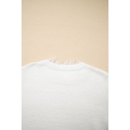 Beige Lace Sleeve Patchwork Faux Two-piece Fuzzy Sweater