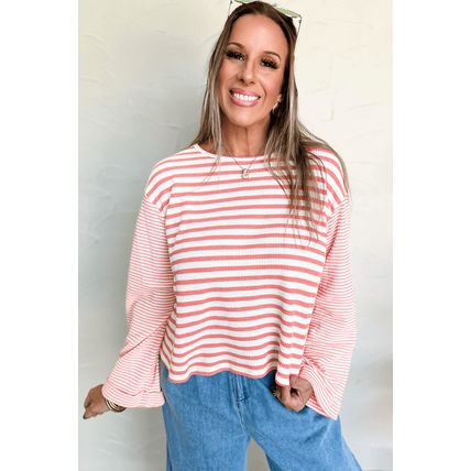 Pink Stripe Textured Contrast Dropped Long Sleeve Top