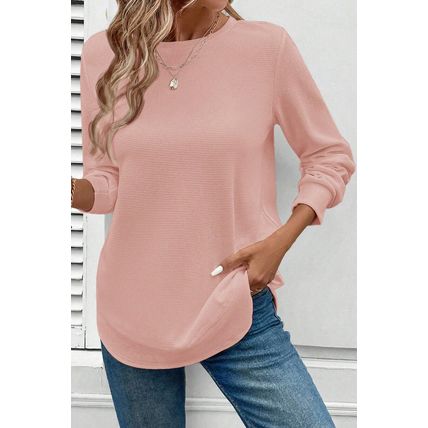 Gossamer Pink Rounded Hem Waffle Long Sleeve Top