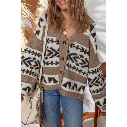Dark Khaki Ethnic Geometric Pattern Button Front V Neck Sweater Cardigan