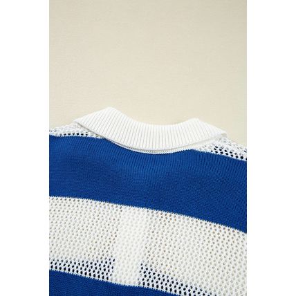 Blue Stripe Colorblock Polo Collar Eyelet Crochet Knitted Sweater