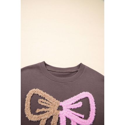 Dark Khaki Contrast Terry Bow Pattern Drop Shoulder Sweatshirt