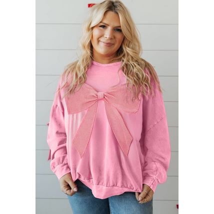 Bonbon Waffle Bowknot Patchwork Graphic Mineral Wash Plus Size Sweatshirt
