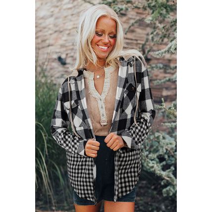 Black Double Plaid Patchwork Drawstring Hooded Shacket