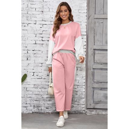 Light Pink 2pcs Color Block Pullover Loose Pant Set