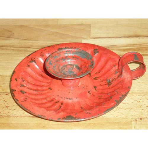 Shabby Chic Red Enamel Chamber Stick / Candle Holder