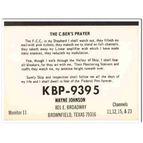 kbp-9395 wayne johnson brownfield texas 1960s cb qsl vintage postcard