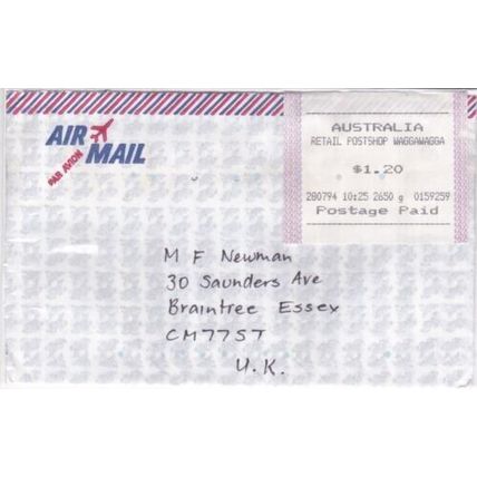 Australia 1994 Waggawagga to Braintree UK Airmail cover Label written VGC