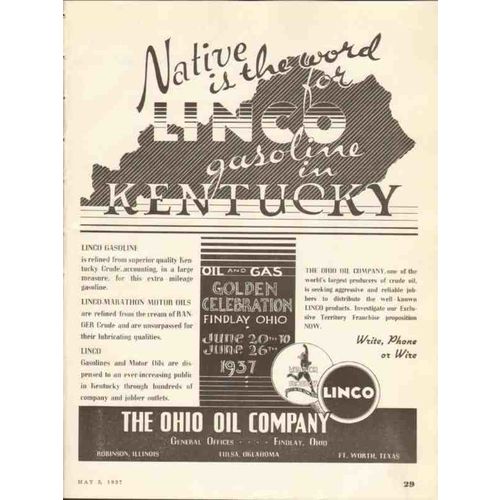 OHIO OIL COMPANY 1937 Linco Marathon Native KY gasoline vintage ad