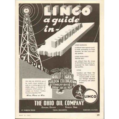 OHIO OIL COMPANY 1937 Marathon Linco Gasoline guide Indiana vintage ad