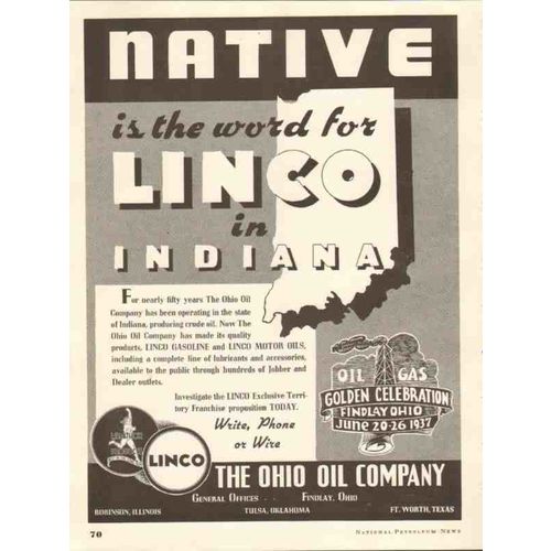 OHIO OIL COMPANY 1937 Linco Marathon Native IN gasoline vintage ad