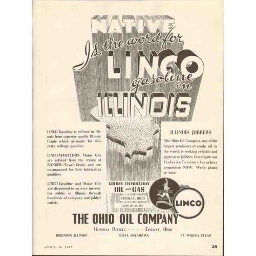 OHIO OIL COMPANY 1937 Linco Marathon Native IL gasoline vintage ad
