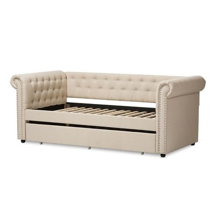 Chesterfield Twin Trundle Beige or Gray Fabric Daybed Silver Nail Head Trim