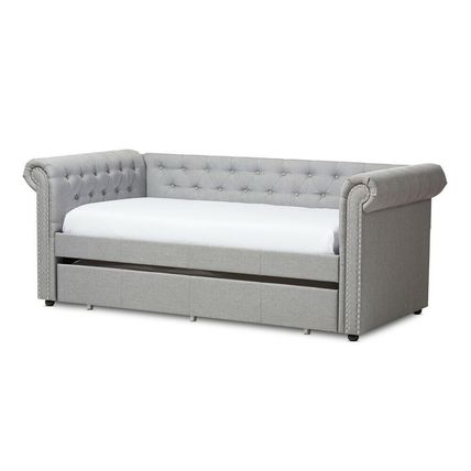 Chesterfield Twin Trundle Beige or Gray Fabric Daybed Silver Nail Head Trim