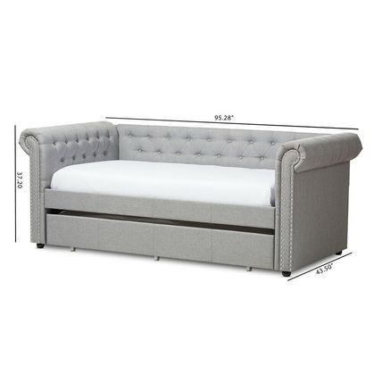 Chesterfield Twin Trundle Beige or Gray Fabric Daybed Silver Nail Head Trim