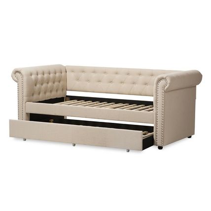 Chesterfield Twin Trundle Beige or Gray Fabric Daybed Silver Nail Head Trim
