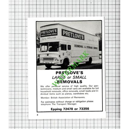 Pretlove's Removals Epping Essex Advert - 1979 Small Cutting