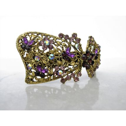 Large bronze gold bow leaves flowers amber purple blue crystal hair barrette