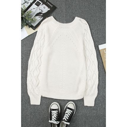 White Hollow-out Puffy Sleeve Knit Sweater