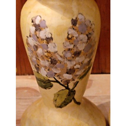 Hand Painted Floral Ceramic 6" Tall Candlesticks Lilacs Botanical Black Bottoms