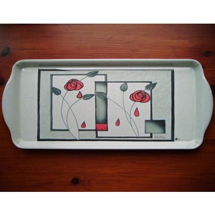 Red Tiffany Sandwich/Serving Tray, Melamine, Green/Red Roses, Debbie Halliday