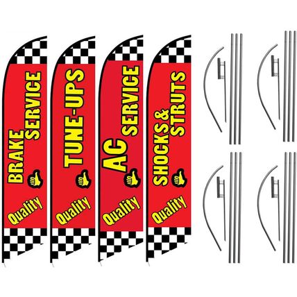 Auto Repair Shop Promotional Package of Four Feather Flag Kits Set, Comes with F