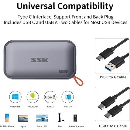 SSK Portable SSD 500GB External Solid State Drives, up to 1050Mb/S USB C SSD Ext