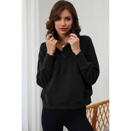 Black Zip Up Stand Collar Ribbed Thumbhole Sleeve Sweatshirt