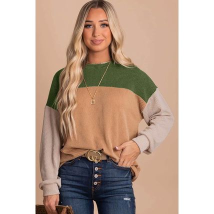 Green Color Block Long Sleeve Ribbed Loose Top