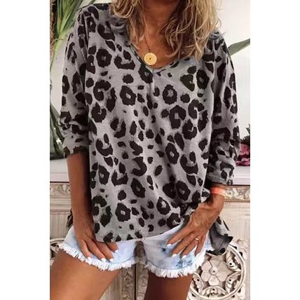 Gray Leopard Split Joint V Neck Long Sleeve Top
