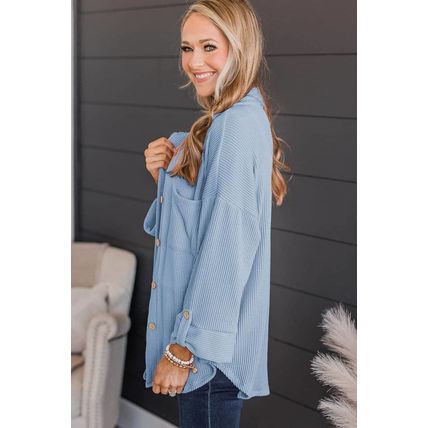 Sky Blue Roll Tab Sleeve Ribbed Cording Shacket