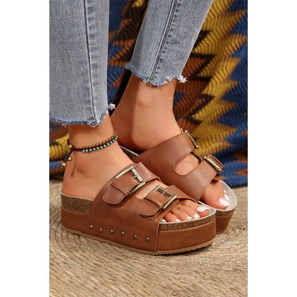 Chestnut Dual Buckle Studded Platform Sandal Slippers