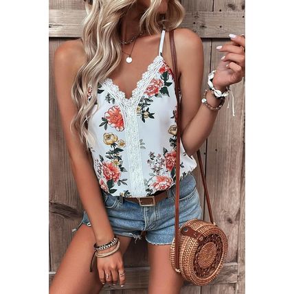 White Floral Print Lace V Neck Tank Top