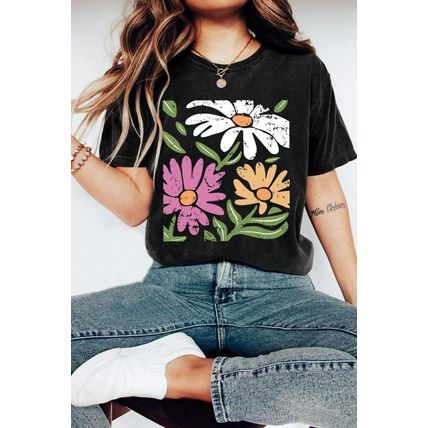 Black Retro Floral Print Crew Neck Casual T Shirt