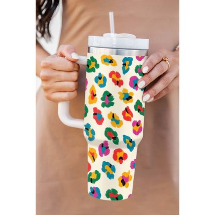 White Multi Color Leopard Print Handle Stainless Tumbler 40oz