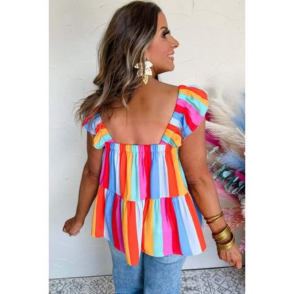 Red Stripe Ruffled Straps Babydoll Tank Top