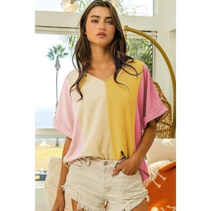 Apricot Crinkled Colorblock Patchwork V Neck T Shirt