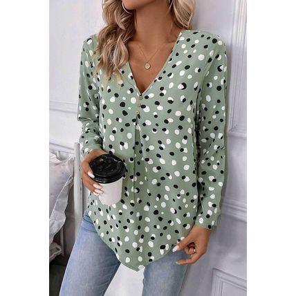 Green Polka Dot Print Button Front V Neck Blouse