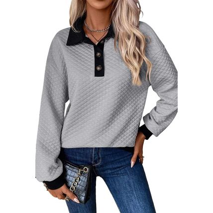Light Grey Textured Colorblock Edge Buttoned Collar Sweatshirt