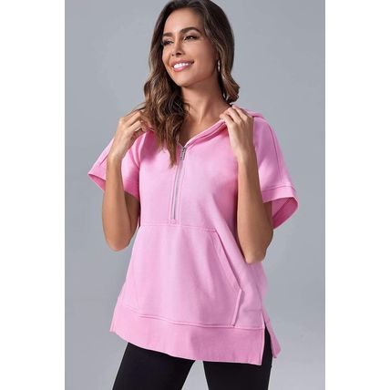 Bonbon Half Zipper Kangaroo Pocket Short Sleeve Hoodie