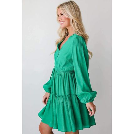 Sea Green Frilly V Neck Puff Sleeve Drawstring Shift Mini Dress