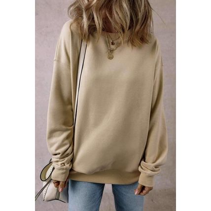 Parchment Solid Fleece Lined Crew Neck Casual Sweatshirt