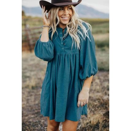 Blue Corduroy Snap Buttons Empire Waist Bracelet Sleeve Dress