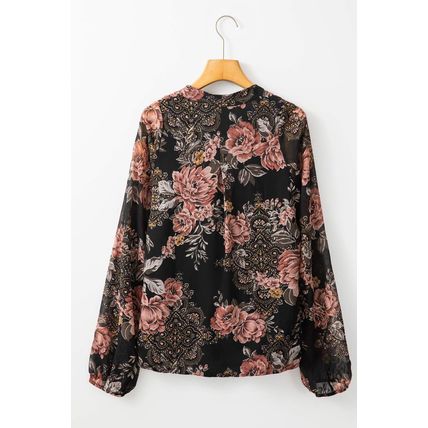 Black Floral Print Criss Cross V Neck Balloon Sleeve Blouse