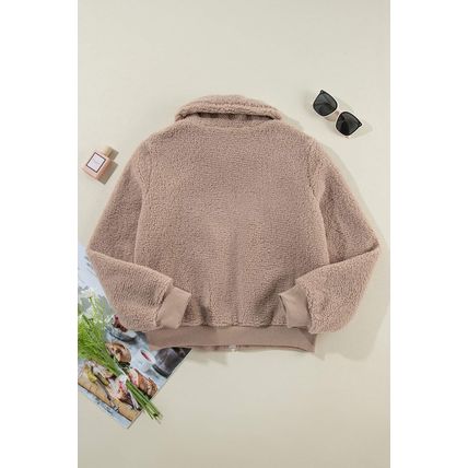 Light French Beige Zipper Pocketed Winter Fuzzy Jacket