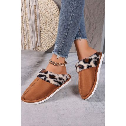 Chestnut Leopard Patched Plush Lined Thick Home Slippers