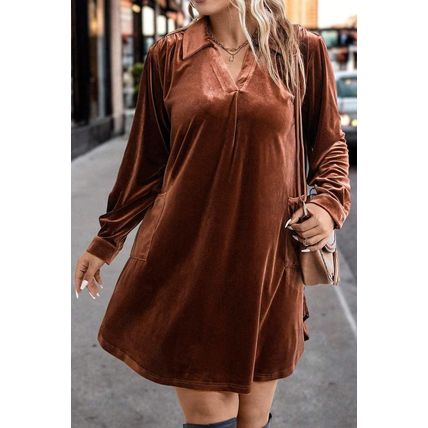 Coffee Plus Size V Neck Collared Pleated Back Rounded Hem Velvet Dress