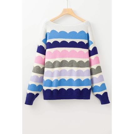 Dark Blue Wave Striped Balloon Sleeve Drop Shoulder Sweater