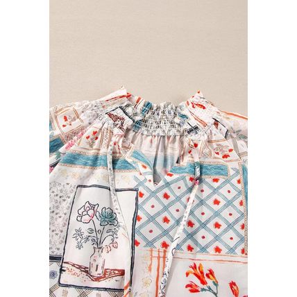 Multicolour Boho Floral Patched Ruffled Sleeve Tied Neck Blouse